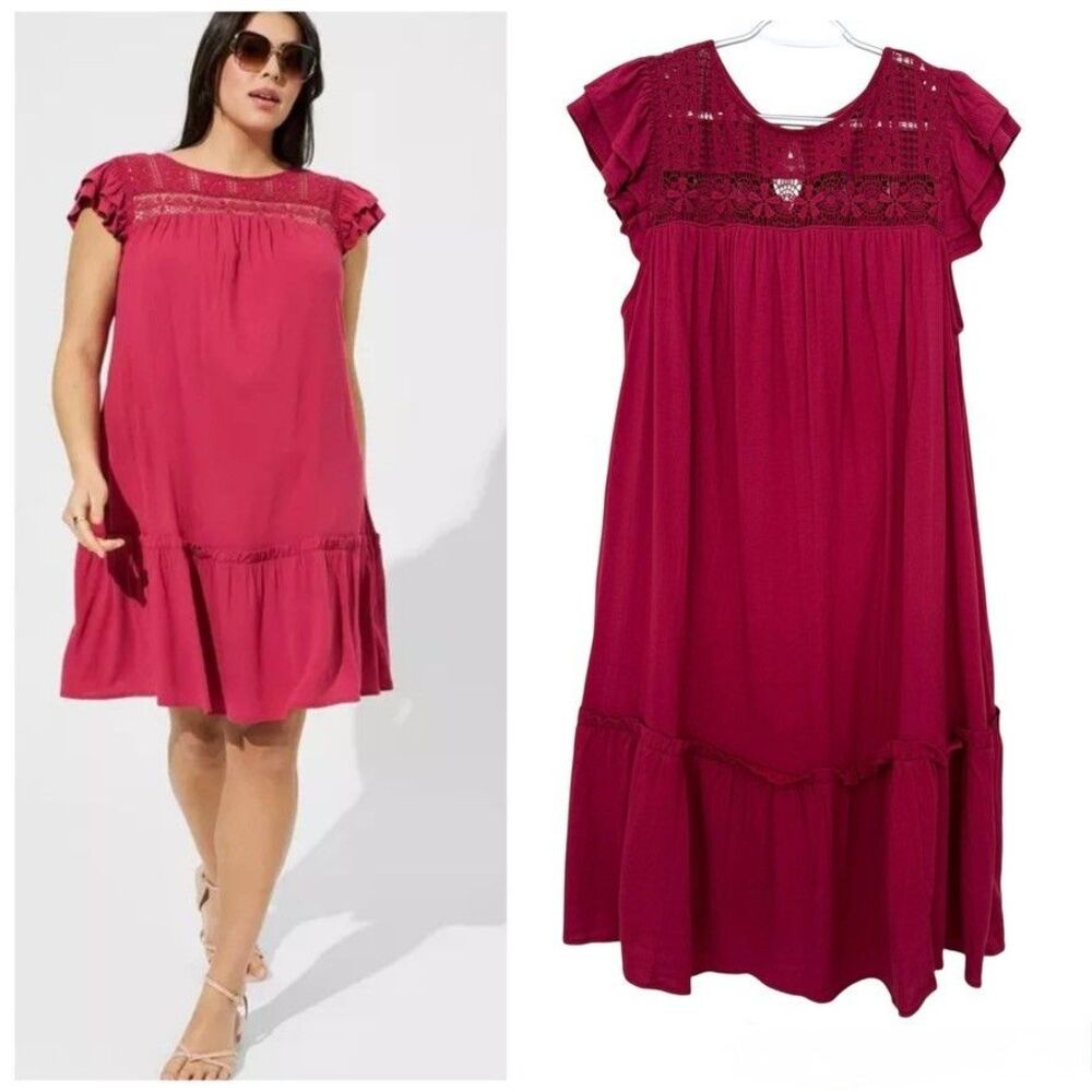 TORRID Sz 1X 14-16 Mini Rayon Slub Crochet Yoke Shift Dress in Red Bud Boho Chic